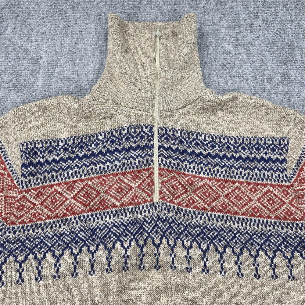 Vintage Cabelas Sweater Mens Large Beige Fair Isle Wool Mock Neck 1/4 Zip Ski - Picture 10 of 16